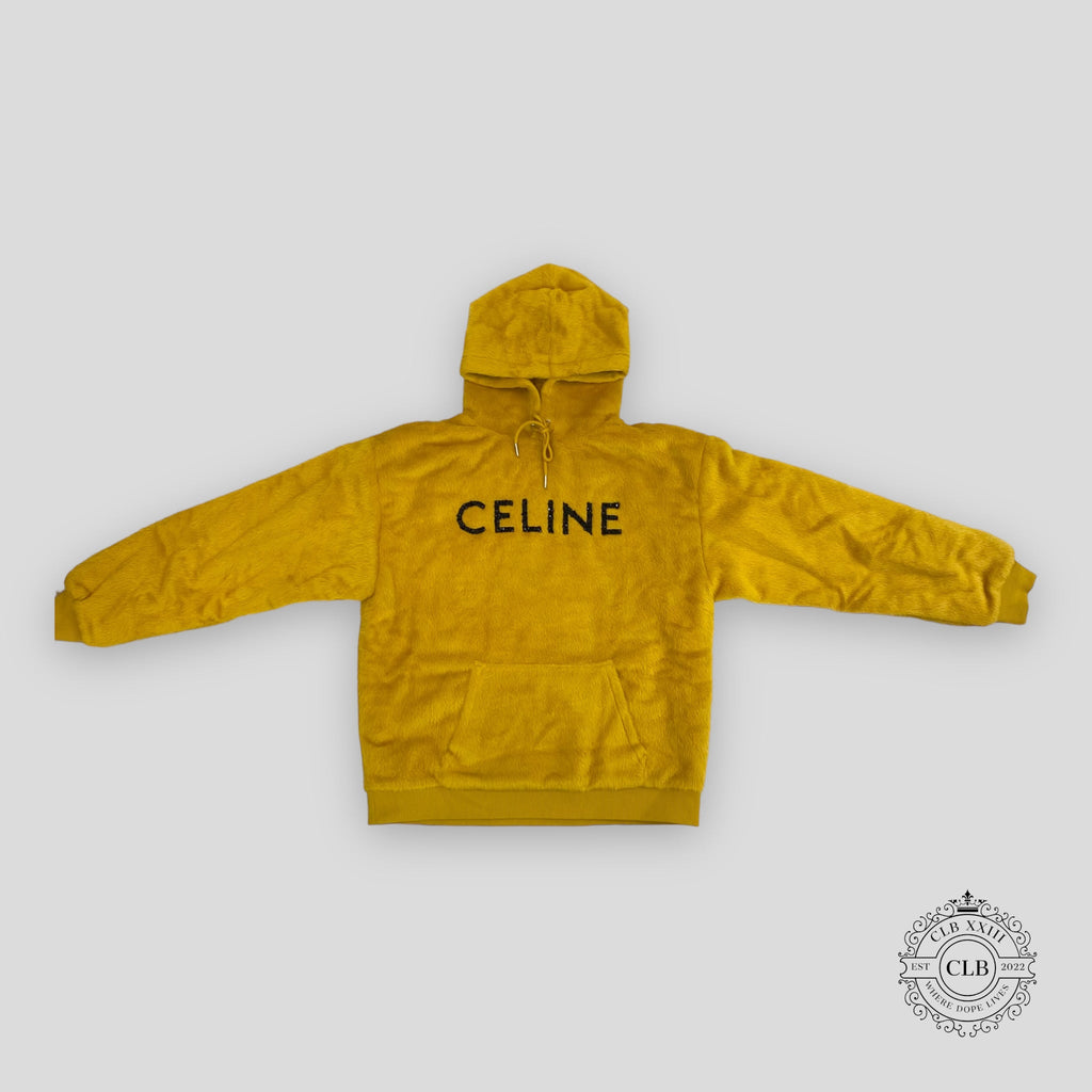 Celine Homme Glitter Sequined Logo Fuzzy Hoodie in Yellow